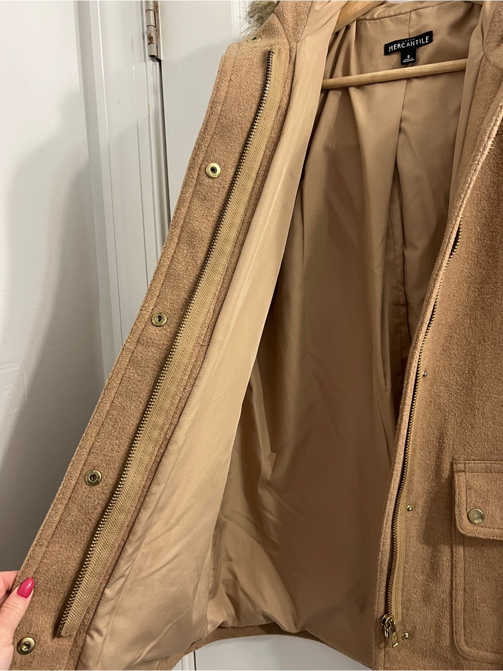 J. Crew Wool Blend Camel Hooded Coat- Size 2 - Picture 6 of 15